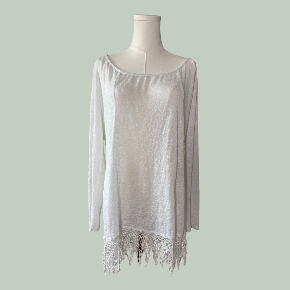 Chris & Carol White Sheer Long Sleeve Tunic Top Crochet Lace Fringe Hem Large